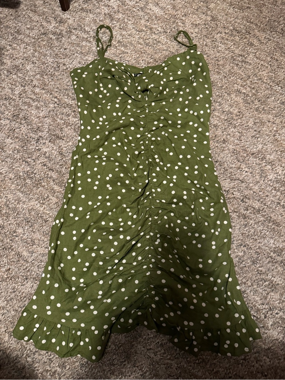 Zara Olive Green Polka Dot Ruched Linen blend dress